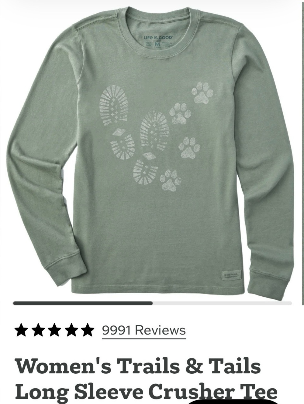Life Is Good Long Sleeve Tee, “Tails & Trails” Birch White, Large. Dog Walker.